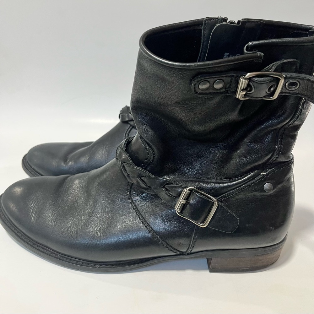 Paul Green Black Leather Braided Short Boots Moto Combat Booties Buckles